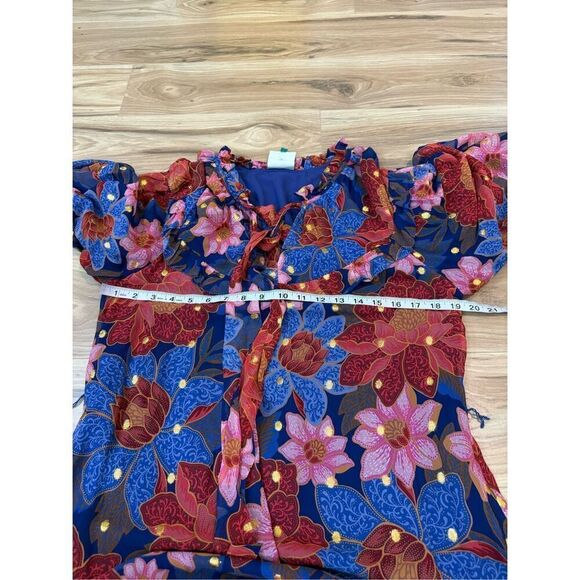 Farm Rio Garden Navy Blue Red Pink Floral Midi Dress no belt Size M - Picture 9 of 9